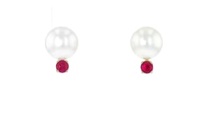 8-8.5mm Cultured Pearl and .30 ct. t.w. Ruby Earrings in 14kt Yellow Gold