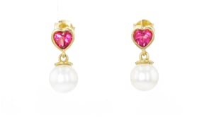 7.5-8mm Cultured Pearl and 1.00 ct. t.w. Pink Topaz Heart Drop Earrings in 18kt Gold Over Sterling