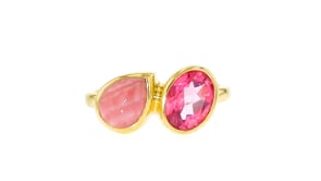 Pink Rhodochrosite and 1.40 Carat Pink Topaz Toi et Moi Ring in 18kt Gold Over Sterling
