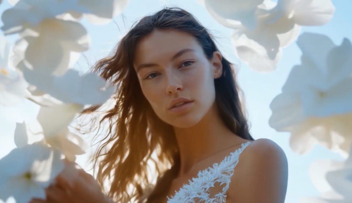 Purity film: a model surrounded by soft white flowers