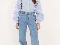 Blue pinstripe blouse with  ruffles and embroidery | My Jewellery