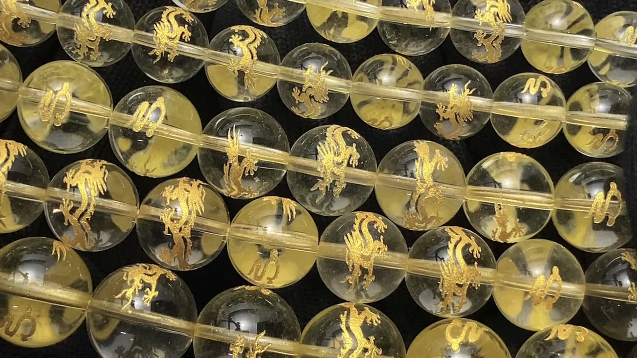 金色！【青龍・四神獣】の彫刻入り！クリスタル ラウンド10mm