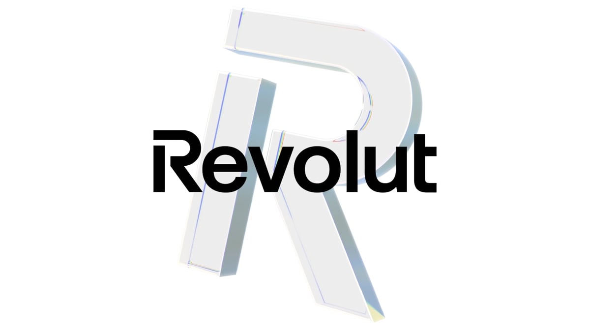 Film still: the Revolut wordmark over a sculptural letter R, from “The Revolutionaries”.