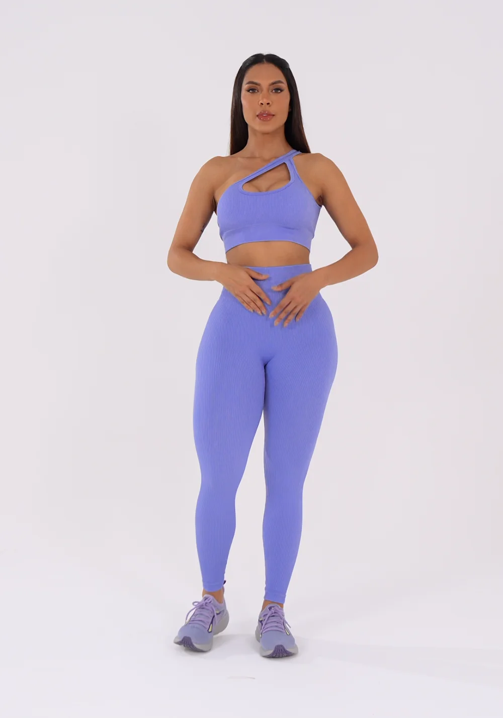 Legging Fitness Feminina Azul Hortênsia Canelada Modela Bumbum