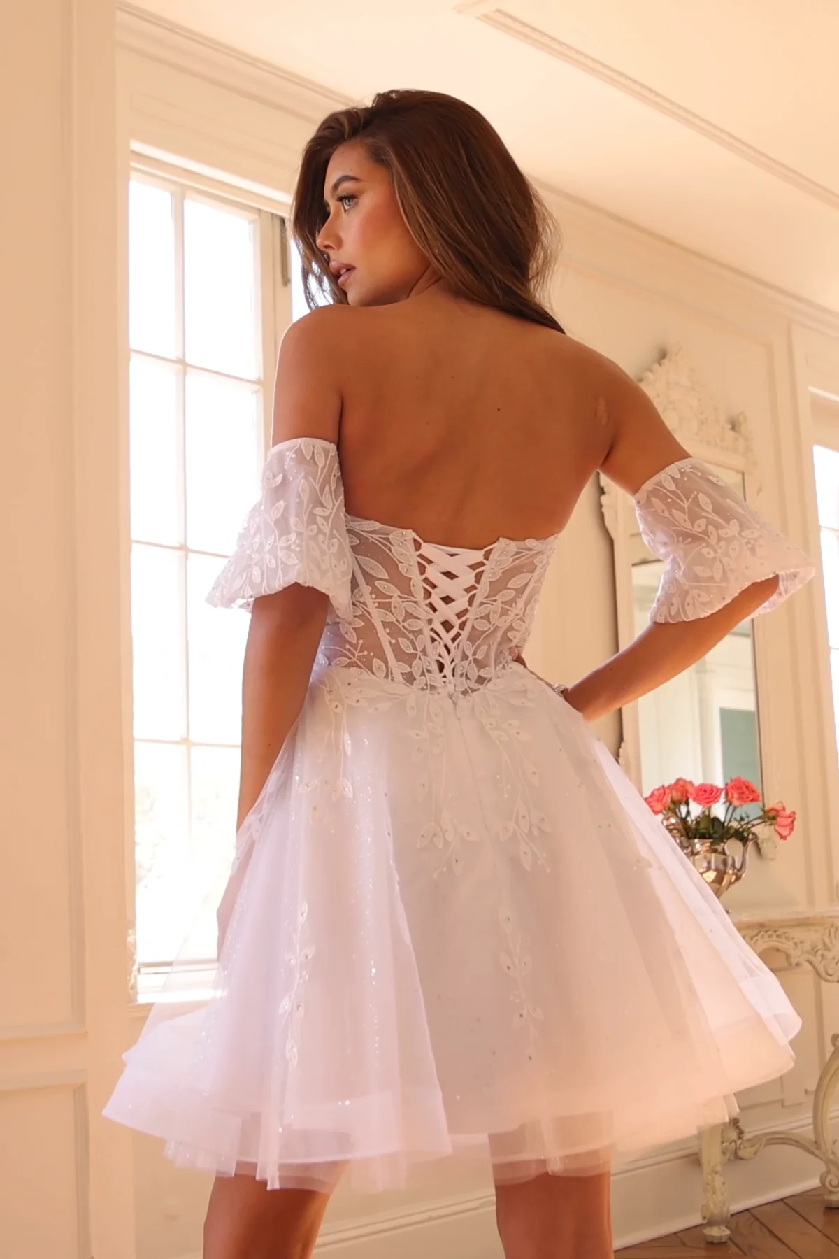 Juliet Wholesale. Strapless cocktail gown with leaf lace