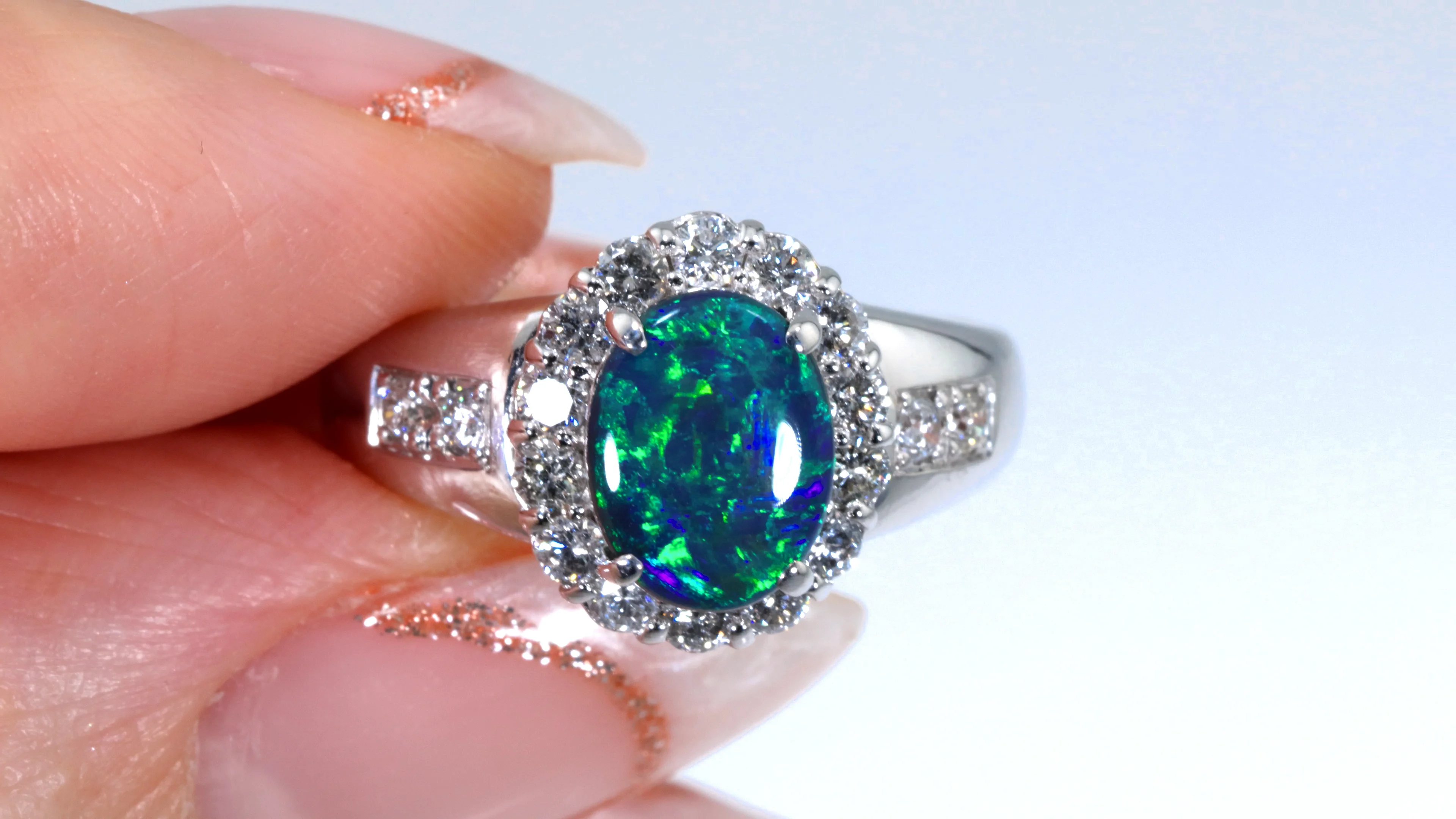 Green Black Opal 1.39 ct set in 18K White Gold Ring