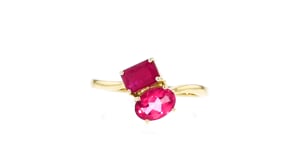 .80 Carat Ruby and .70 Carat Pink Topaz Toi et Moi Ring in 14kt Yellow Gold