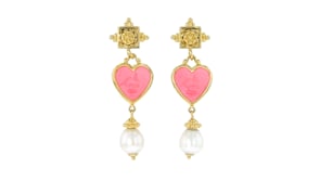 Italian Tagliamonte Pink Venetian Glass Heart Drop Earrings with Cultured Pearls in 18kt Gold Over Sterling