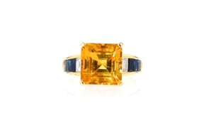 C. 1990 Vintage 4.65 Carat Citrine Ring with .92 ct. t.w. Sapphires and .32 ct. t.w. Diamonds in 18kt Yellow Gold