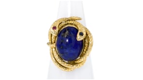 C. 1980 Vintage Lapis Snake Ring with Ruby and Sapphire in 14kt Yellow Gold