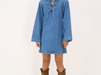 Blue denim dress with flared sleeves and bows | My Jewellery