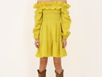 Lime green dress with ruffles & smock | My Jewellery