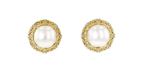 9-9.5mm Cultured Pearl Earrings with Diamonds in 18kt Gold Over Sterling