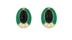 Onyx and .16 ct. t.w. White Topaz Art Deco-Style Earrings with Green Enamel in 18kt Gold Over Sterling