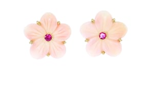 Carved Pink Shell Flower Earrings with .30 ct. t.w. Rhodolite Garnets in 18kt Gold Over Sterling