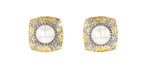 7-7.5mm Cultured Pearl and .11 ct. t.w. Diamond Earrings in 18kt Gold Over Sterling