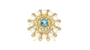 .90 Carat Swiss Blue Topaz and .40 ct. t.w. White Zircon Ring with 4-4.5mm Cultured Pearls in 18kt Gold Over Sterling