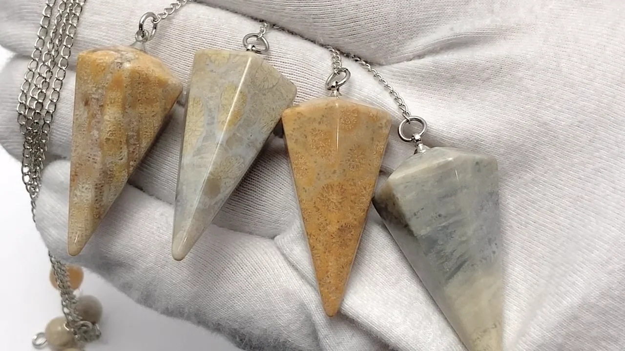 フォシルコーラル ペンデュラム36×20×20mm チェーン付き 1個｜天然石