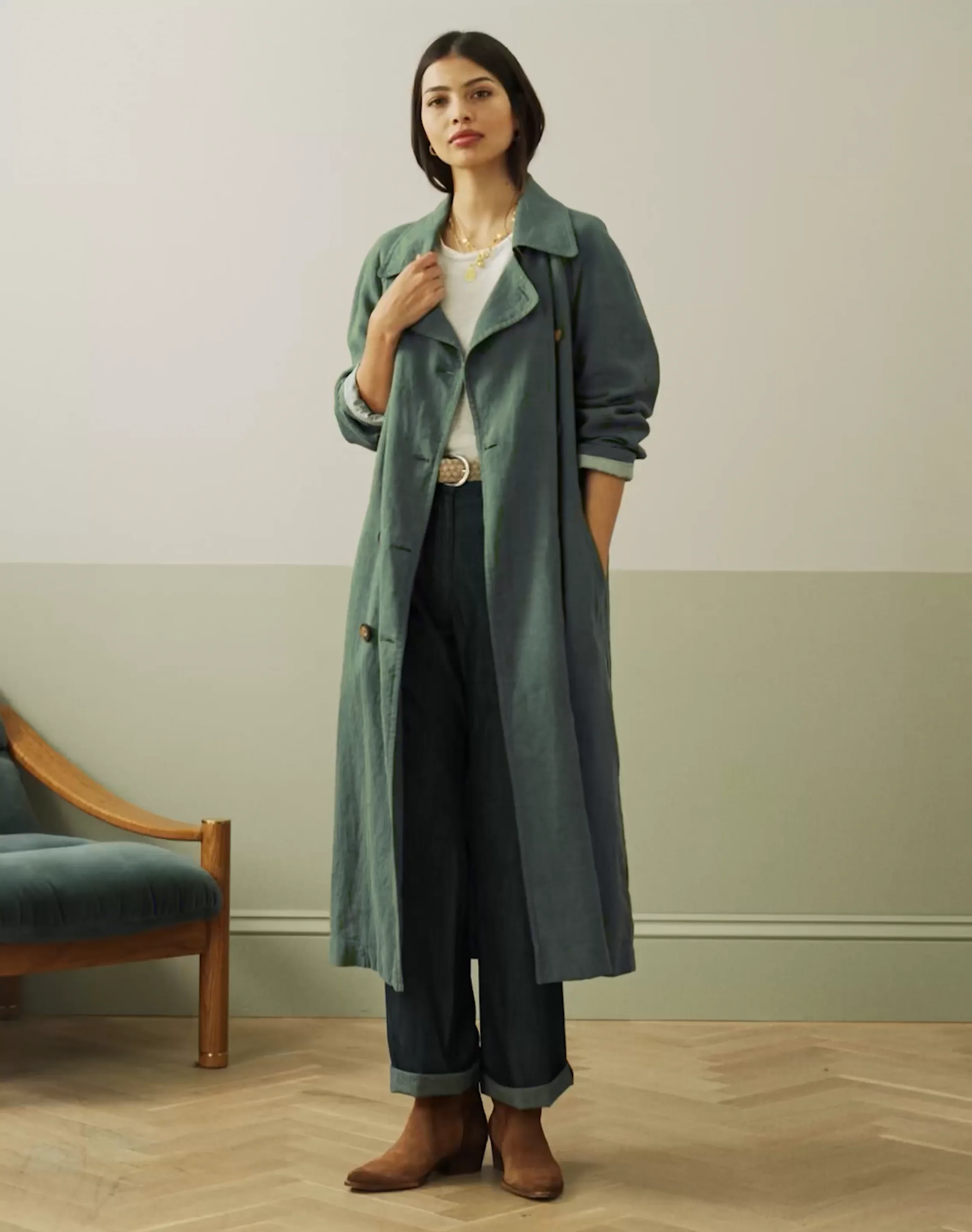 Verdigris Washed Linen Trench Coat | Women's Jackets | Brora