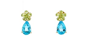 3.20 ct. t.w. Swiss Blue Topaz and .60 ct. t.w. Peridot Flower Drop Earrings in 14kt Yellow Gold