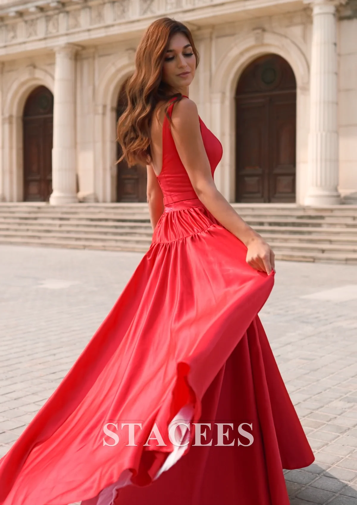 red dress elegant Classy Long Evening Dress in Red with Cape Red / 2