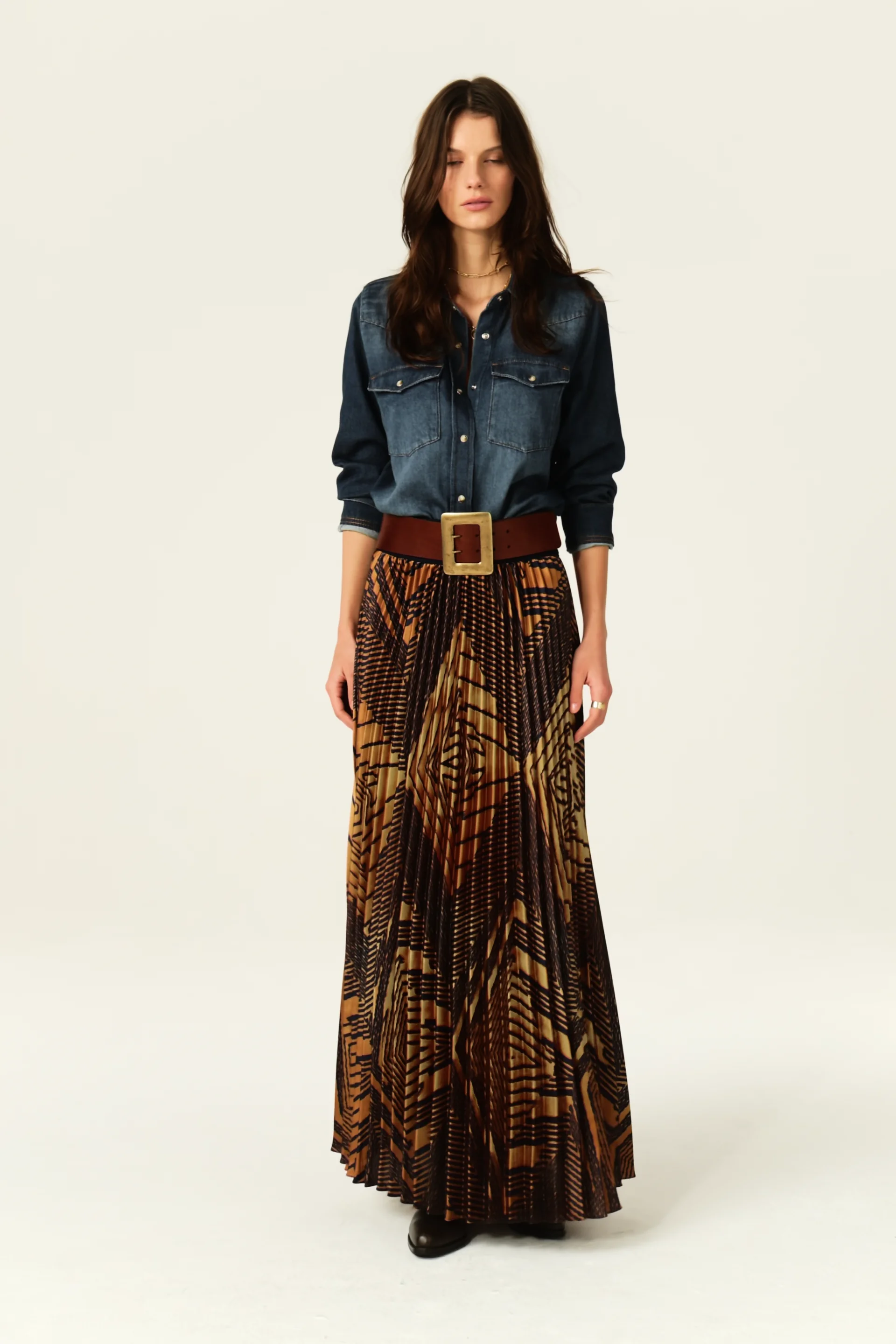 【BAON】Indeed pleated banding long skirt TNOBHG High Waist Women Skirt Women Maxi Skirt Lace-up High