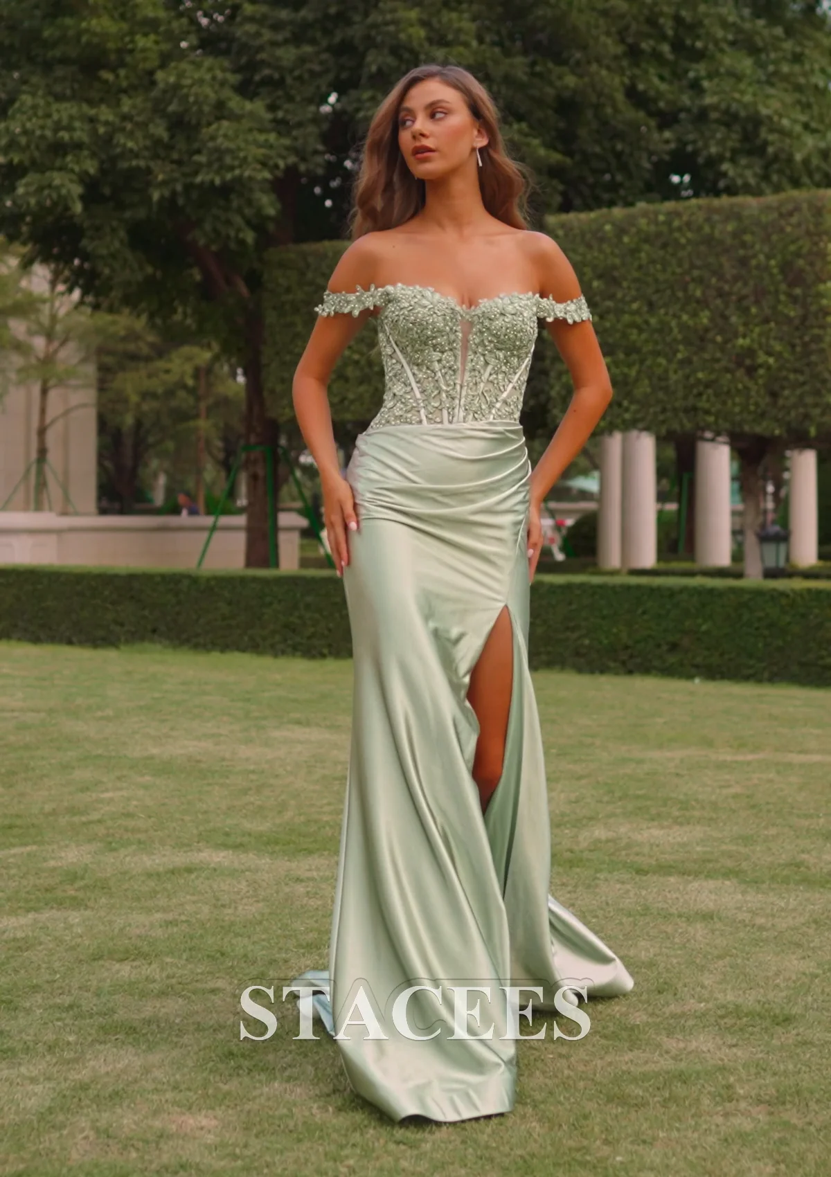 Fitted Off-the-Shoulder Cutout Lace Corset Ruched Prom Dress with