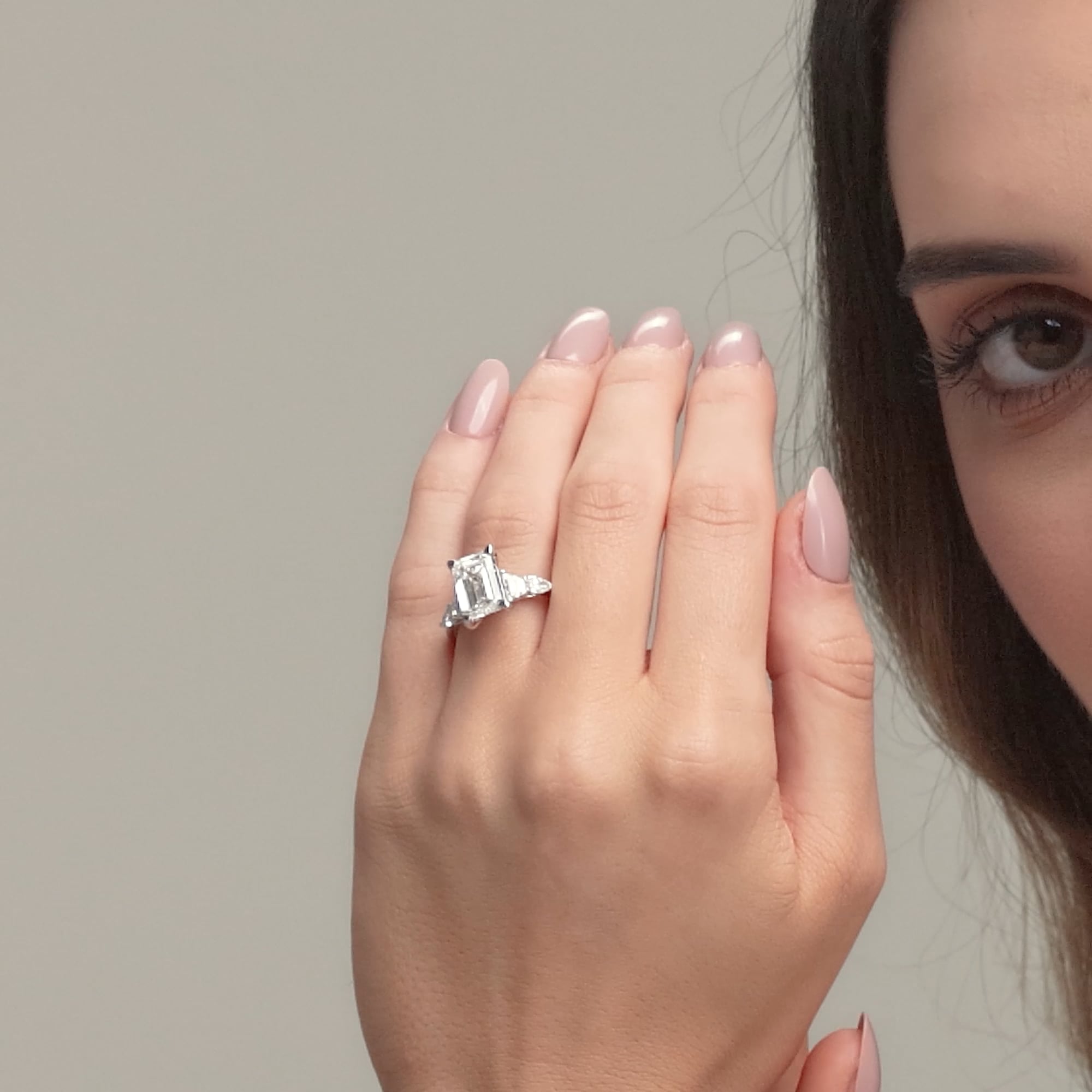 product video 2 for 3 ctw Emerald Lab Grown Diamond Trapezoid and Pear Side Stone Bridal Set