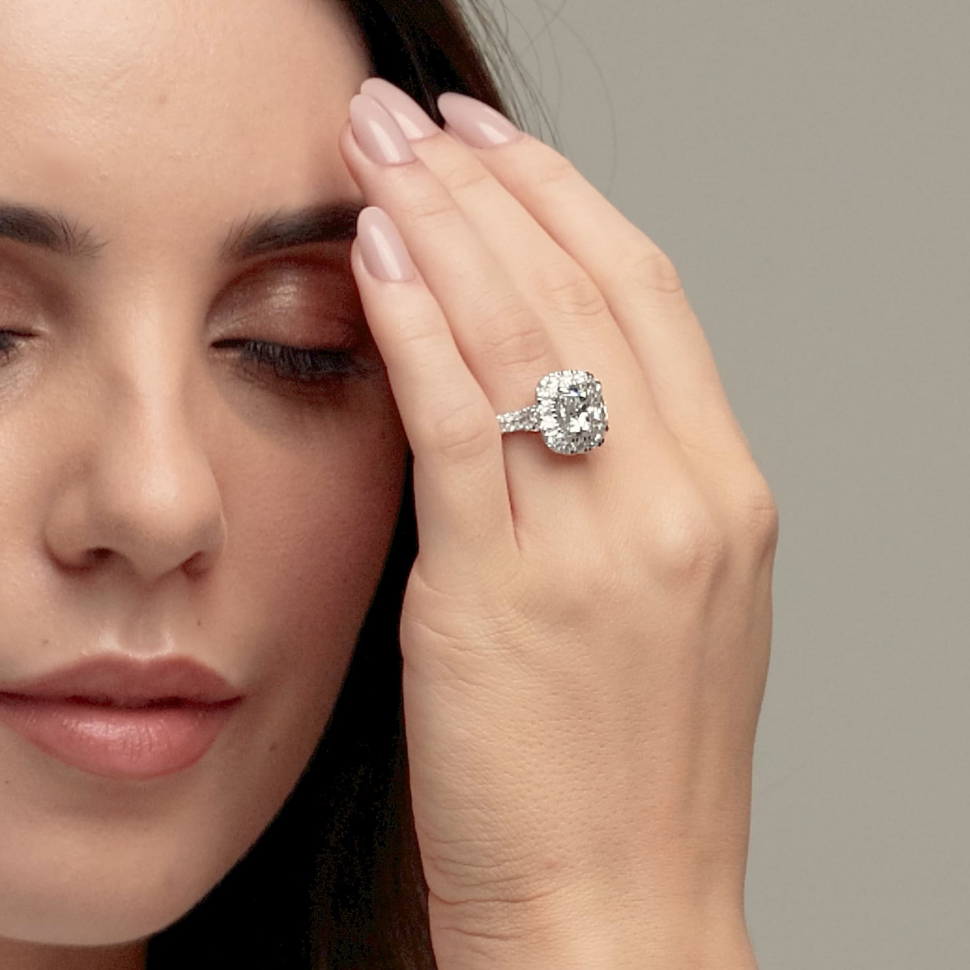 product video 2 for 7 ctw Cushion Lab Grown Diamond Double Row Side Stones Halo Engagement Ring