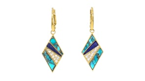 Turquoise, Lapis and .30 ct. t.w. White Topaz Geometric Drop Earrings in 18kt Gold Over Sterling