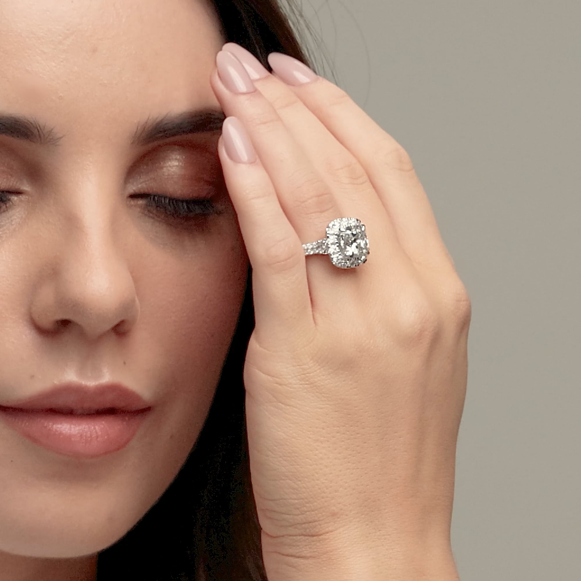 product video 2 for 7 ctw Cushion Lab Grown Diamond Double Row Side Stones Halo Engagement Ring
