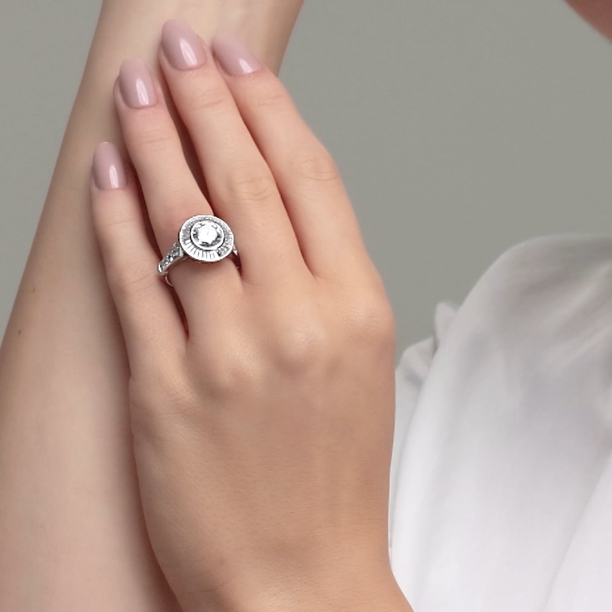 product video 2 for 3 ctw Round Lab Grown Diamond Vintage Hidden Halo Engagement Ring
