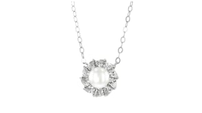 5-6mm Cultured Pearl and 1.30 ct. t.w. CZ Jewelry Set: Halo Earrings and Necklace in Sterling Silver