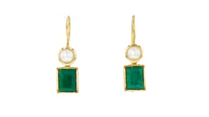 4.5-5mm Cultured Pearl and 3.90 ct. t.w. Emerald Drop Earrings in 18kt Gold Over Sterling