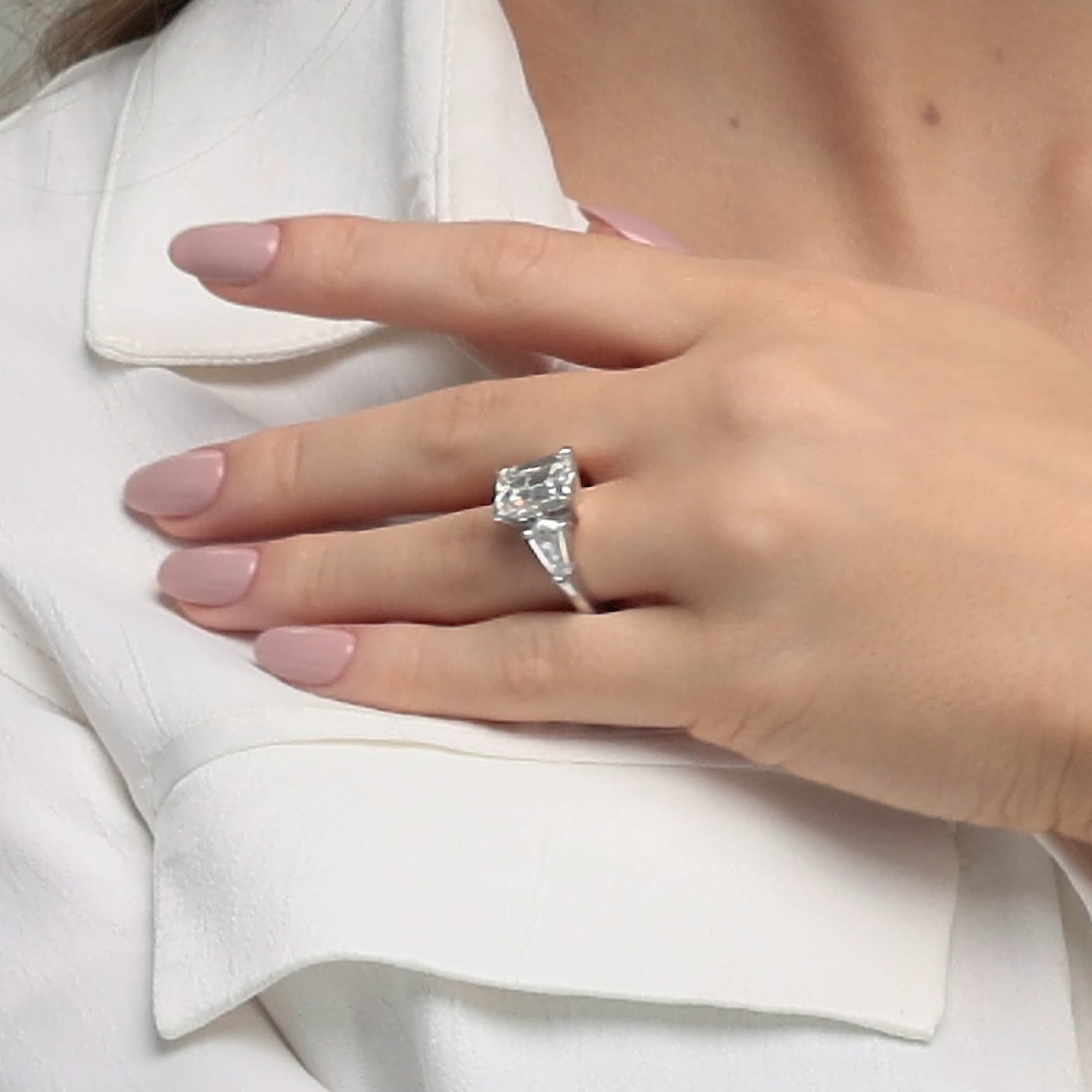 product video 2 for Badgley Mischka Colorless 7 ctw Emerald Lab Grown Diamond Solitaire Engagement Ring with Shield Side Stones