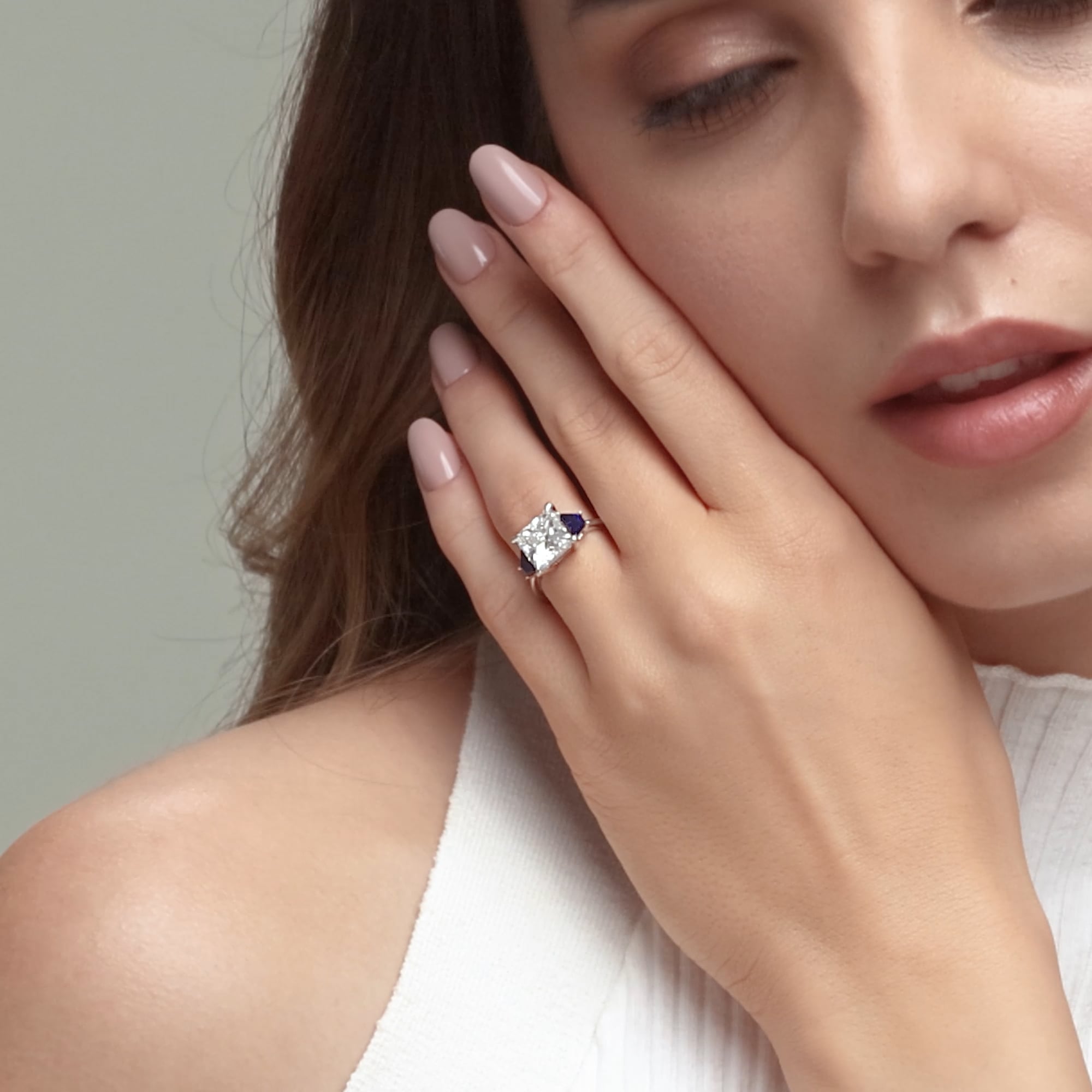 product video 2 for 4 ctw Princess Lab Grown Diamond and 5.5x3.3x2.2 mm Trapezoid Created Sapphire Three-Stone Ring