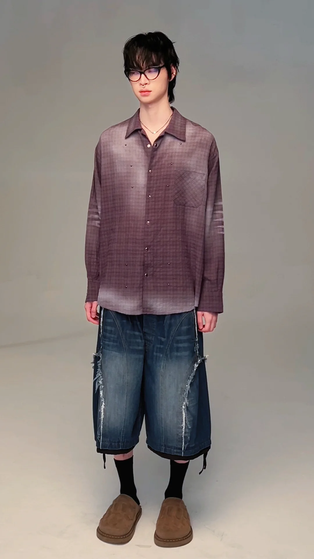 알에스에스씨(RSSC) STUD CAT WASHING CHECK SHIRT - ASH PURPLE