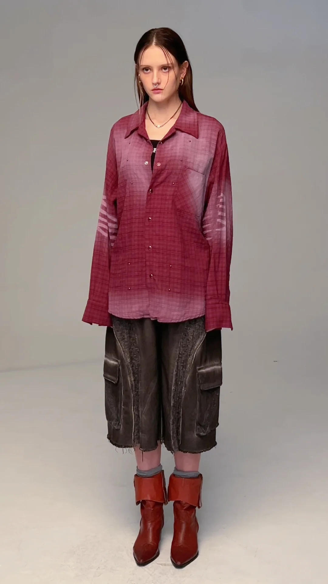 ■R.SHEMISTE■ STUD CAT WASHING CHECK SHIRT ASH PURPLE MUSINSA | RSSC STUD CAT WASHING CHECK SHIRT - ASH PURPLE