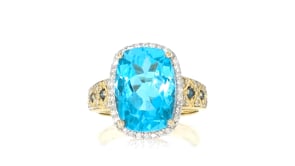 8.00 Carat Swiss Blue Topaz Ring with .34 ct. t.w. Blue and White Diamonds in 14kt Yellow Gold