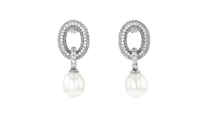 8-8.5mm Cultured Pearl and .90 ct. t.w. CZ Loop Drop Earrings in Sterling Silver
