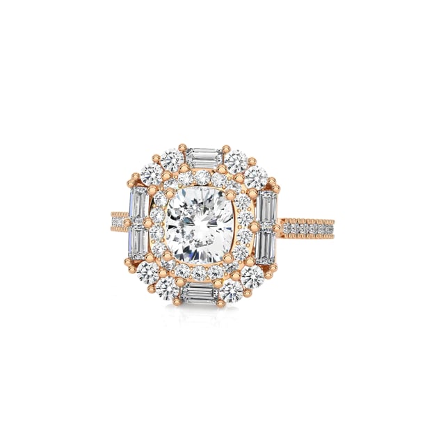 Maßgefertigter Kissen-Diamantring mit Doppel-Halo