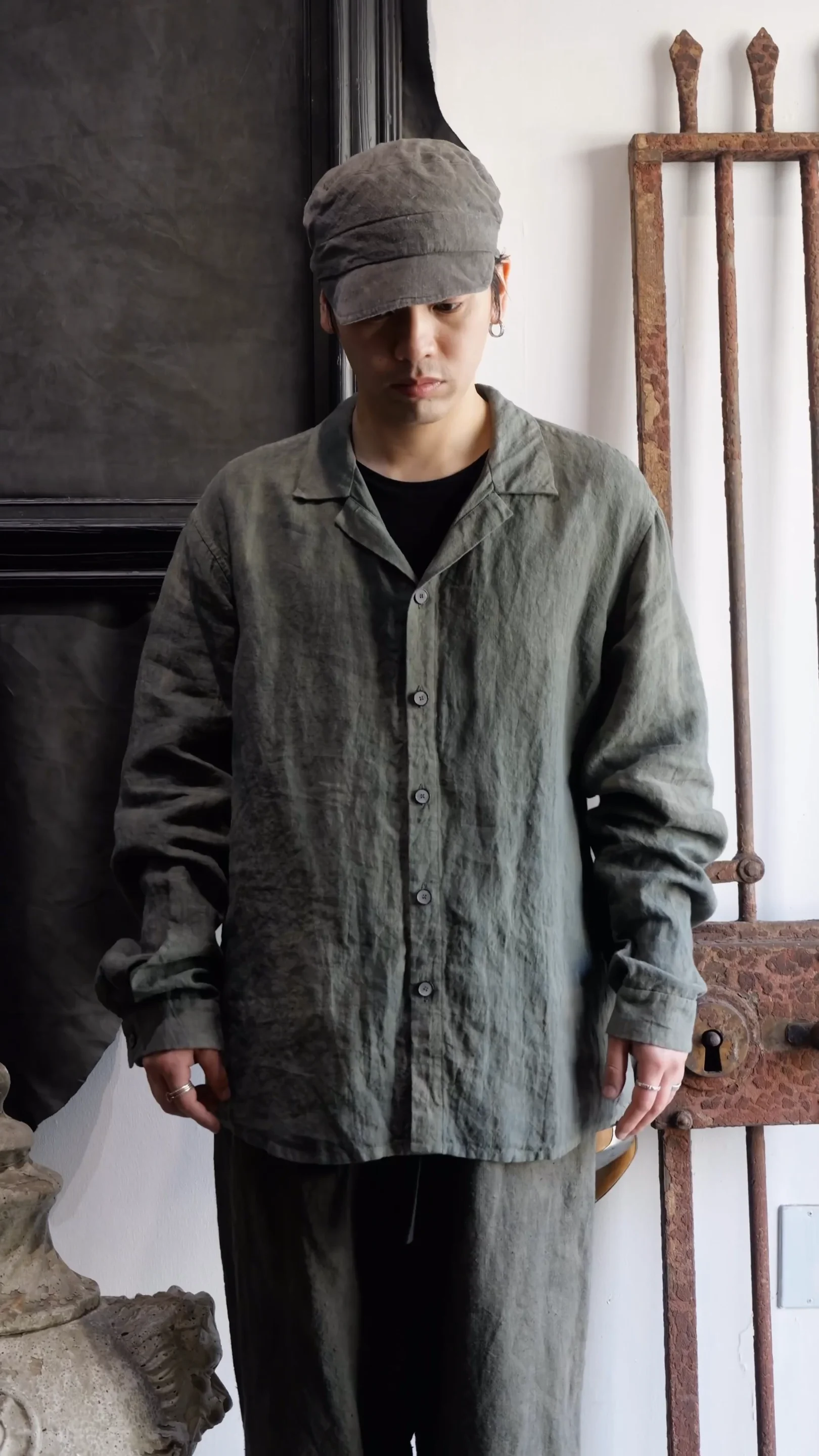 T017-M. Belgian Stone Washed Linen Shirt Oversized. Rusted Forest