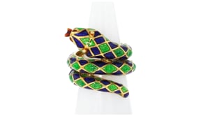 C. 1960 Vintage Blue and Green Enamel Snake Ring in 18kt Yellow Gold