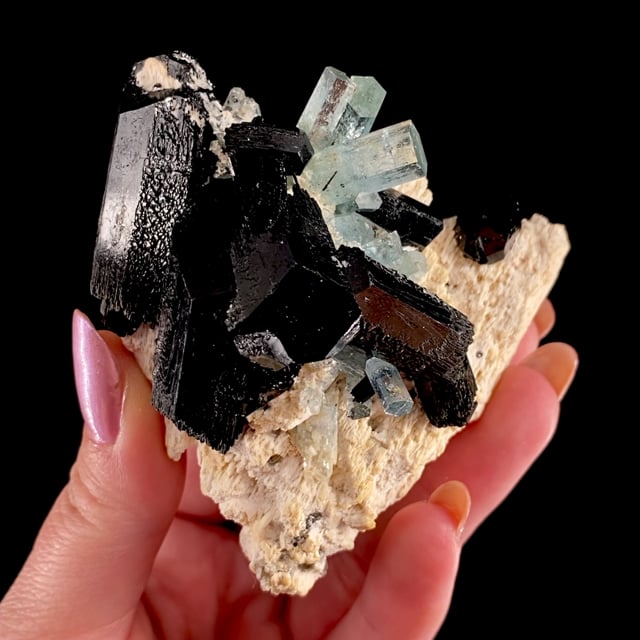 Tourmaline (Foitite / Schorl) with Beryl var: Aquamarine on Microcline
