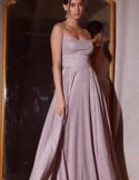 Video: Long empire cut gown with full skirt and flouncy skirt