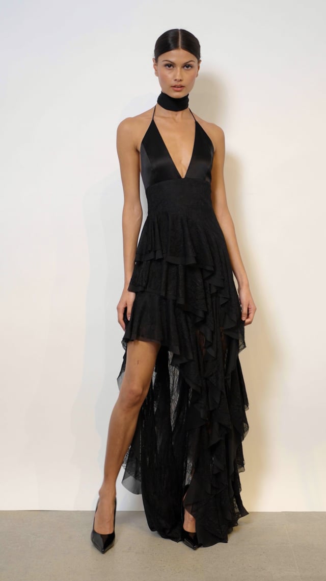 【Alice+Olivia】HANNAH スカーフ付 フリルレース マキシドレス Hannah Maxi Dress In Black | Alice + Olivia
