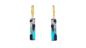 Turquoise and Lapis Drop Earrings with .10 ct. t.w. White Topaz in 18kt Gold Over Sterling