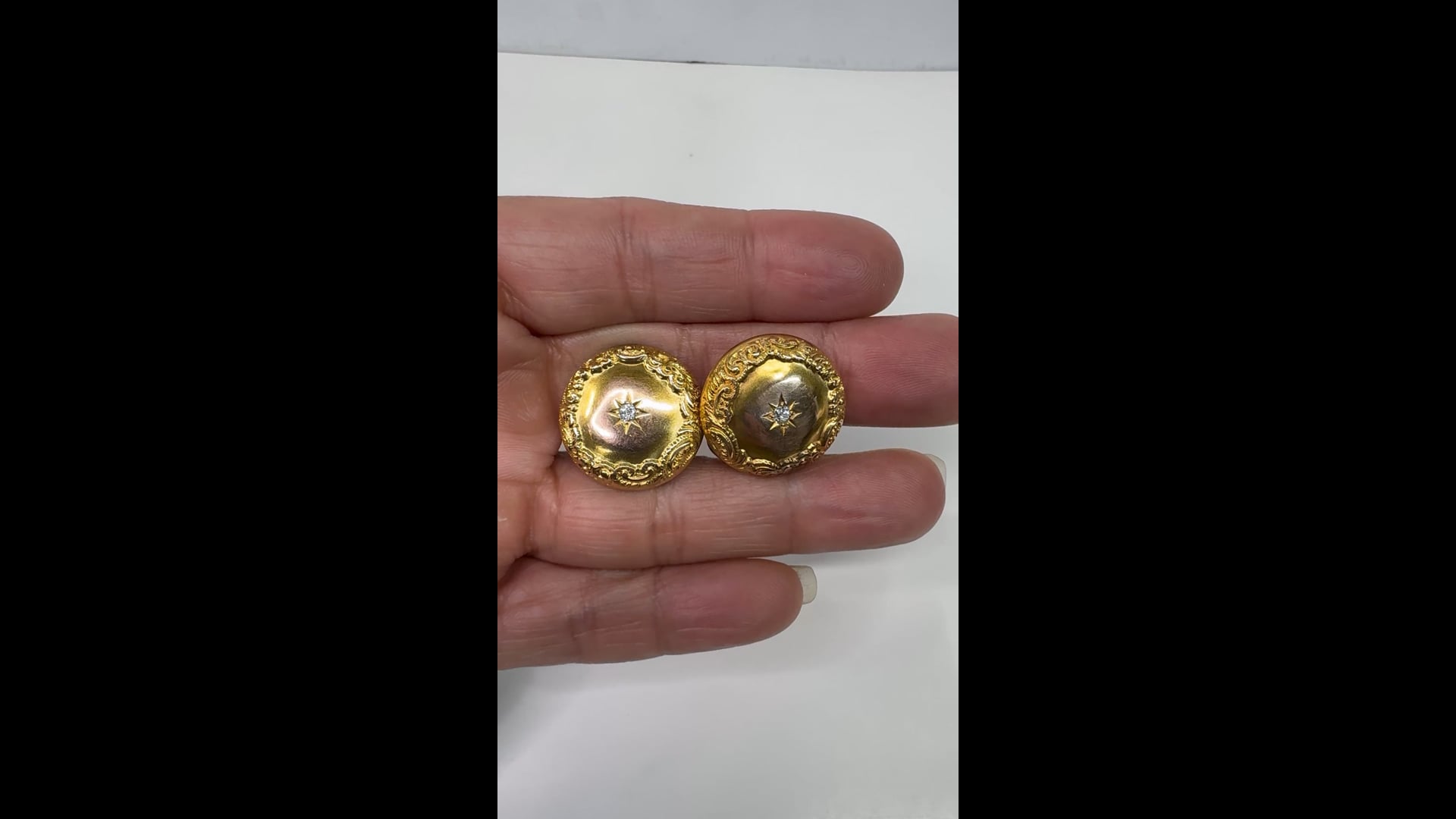 Boutons De Manchette Anciens Victoriens Or 14 Carats Avec Diamants - Fleur De Chrysanthème - Rare