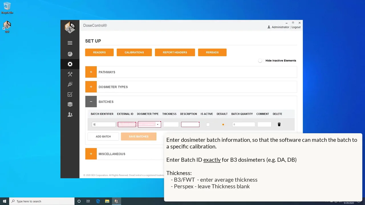 How to setup Pathways, Dosimeter Types and Batches in DoseControl software