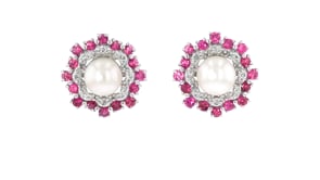 7-7.5mm Cultured Pearl and 1.10 ct. t.w. Pink Tourmaline Earrings with .33 ct. t.w. Diamonds in Sterling Silver